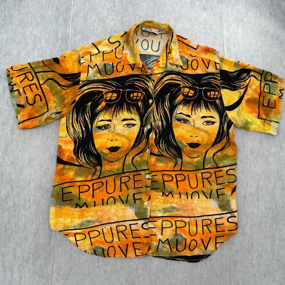 VINTAGE Strike A Pose Shirt Womens Large Button Up Rayon Eppures Muove Ladies L